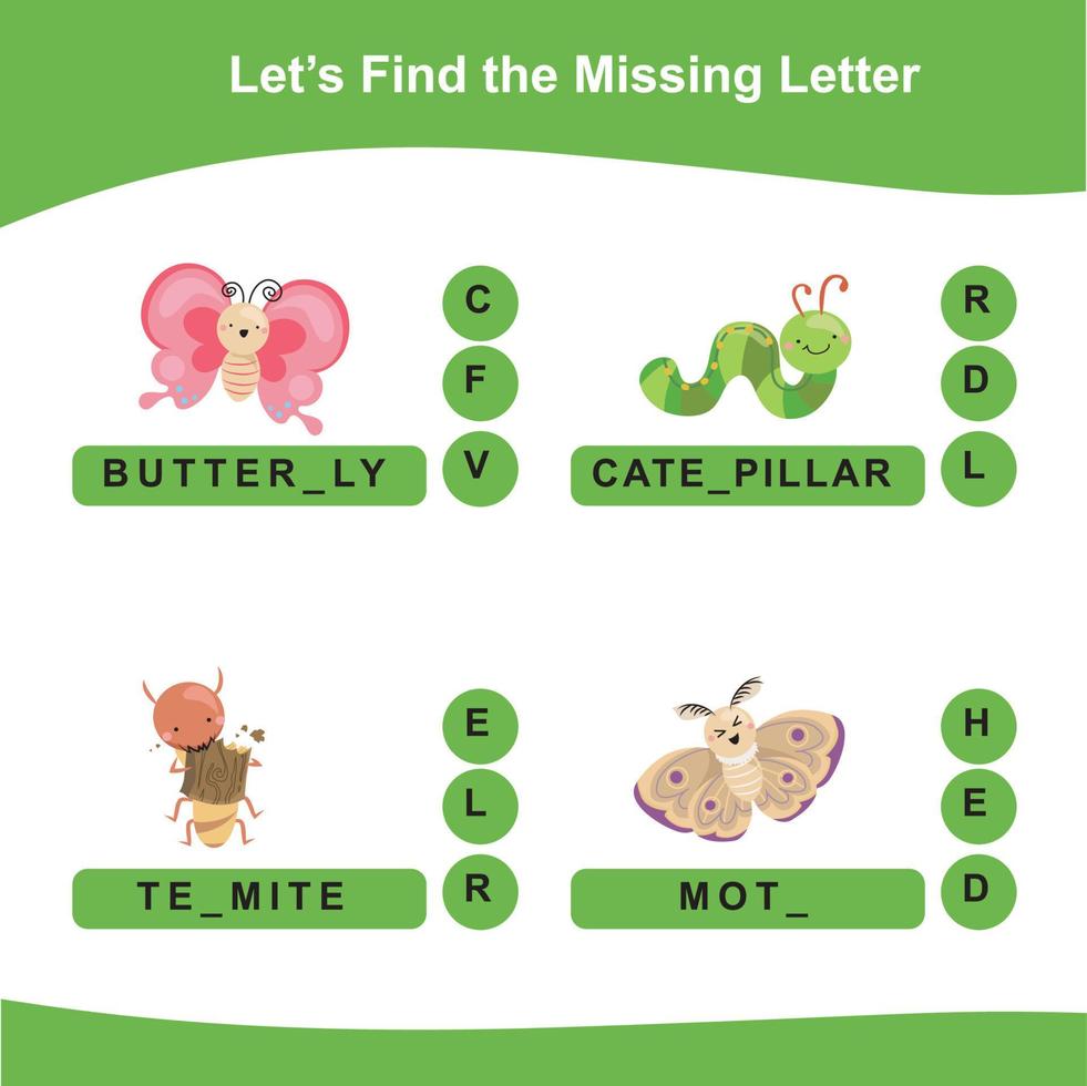 Find the missing letter worksheet. What letter is missing. Educational worksheet activity for children. Writing activity. Vector illustration.