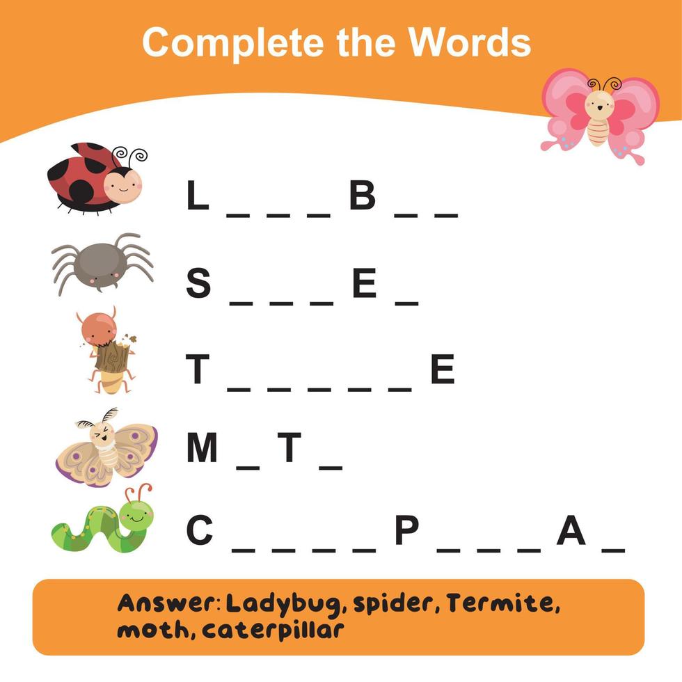 Complete the words worksheet. What letters are missing. Educational worksheet activity for children. Writing activity. Vector illustration.