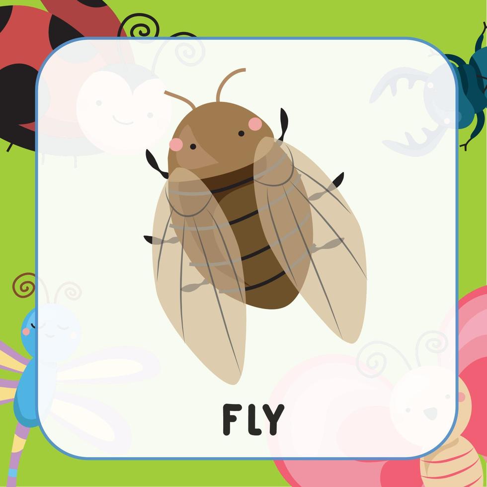 Cute Animal Flashcard for Children. Educational printable game card with images using funny insect animal for kids. Animals with names. Animal card vocabulary. Vector illustration.