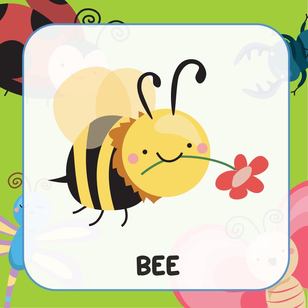 Cute Animal Flashcard for Children. Educational printable game card with images using funny insect animal for kids. Animals with names. Animal card vocabulary. Vector illustration.
