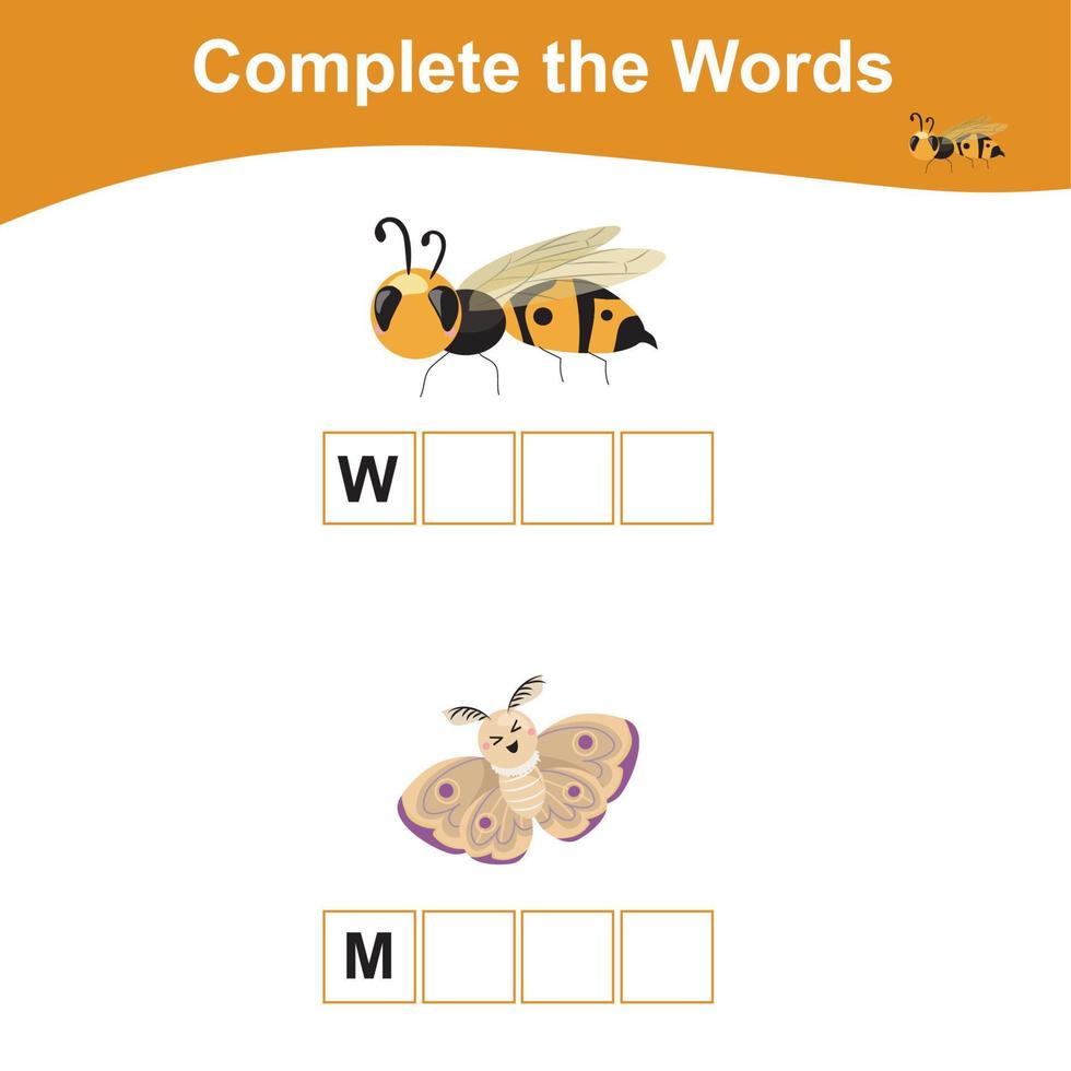 Complete the words worksheet. What letters are missing. Educational worksheet activity for children. Writing activity. Vector illustration.