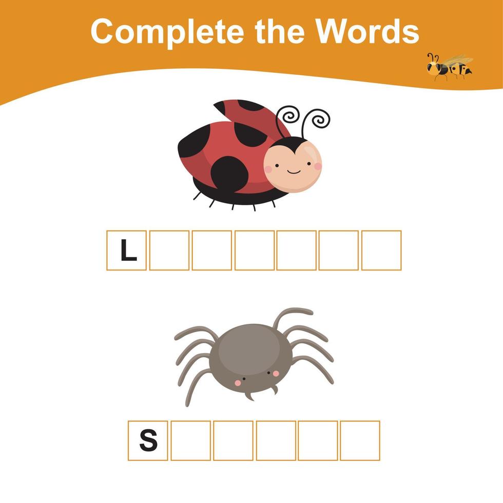Complete the words worksheet. What letters are missing. Educational worksheet activity for children. Writing activity. Vector illustration.