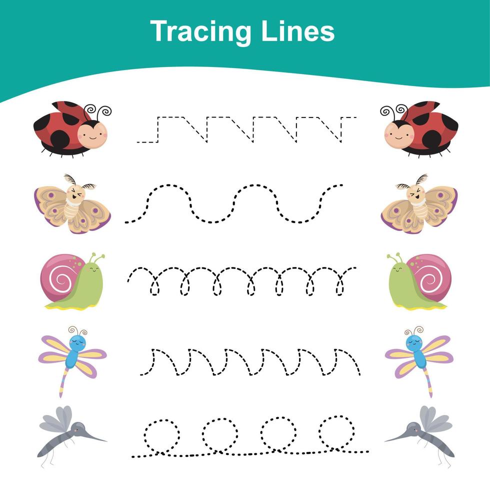 Tracing Lines Game Insects Edition. Educational worksheet. Worksheet activity for preschool kids. Preschool Education. Vector illustration.
