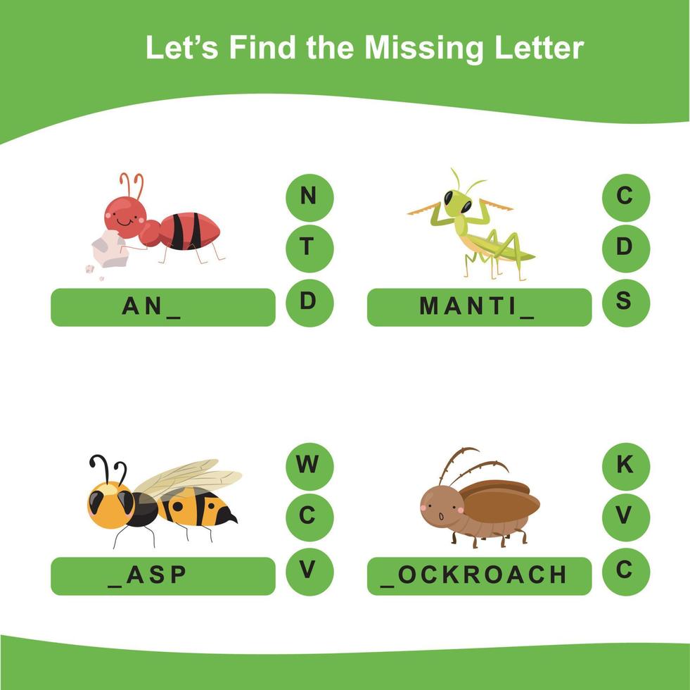 Find the missing letter worksheet. What letter is missing. Educational worksheet activity for children. Writing activity. Vector illustration.