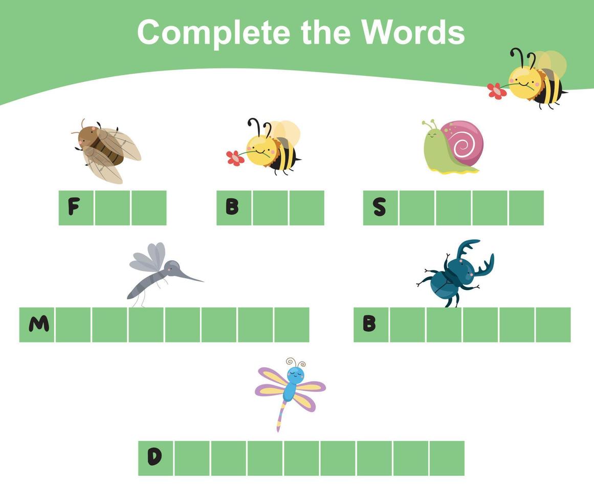 Complete the words worksheet. What letters are missing. Educational worksheet activity for children. Writing activity. Vector illustration.