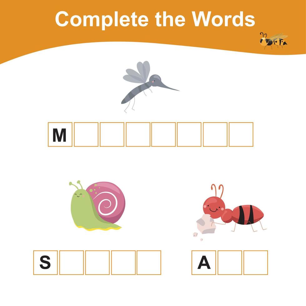 Complete the words worksheet. What letters are missing. Educational worksheet activity for children. Writing activity. Vector illustration.