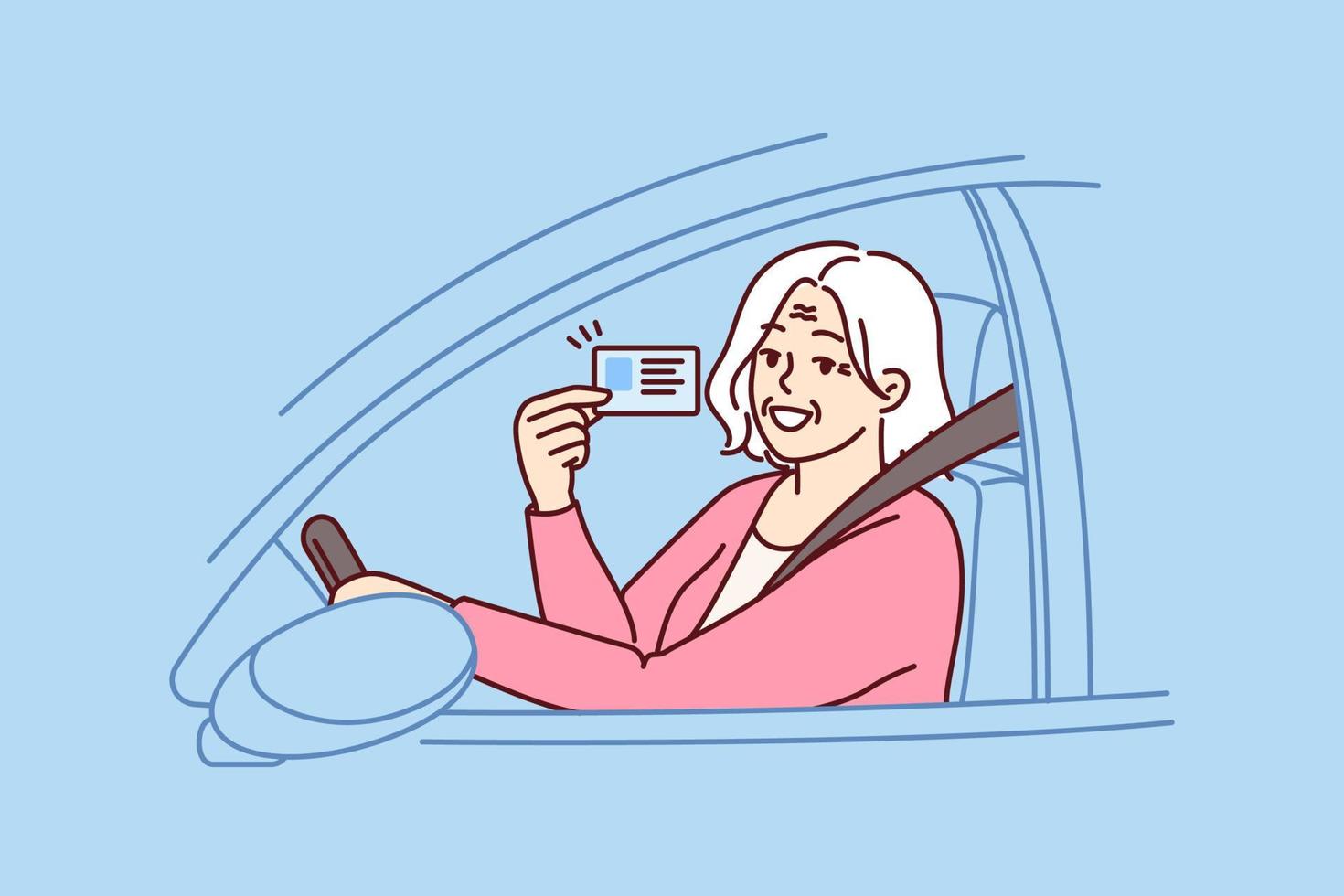 Happy elderly woman demonstrates driver license sitting behind wheel of car and rejoices at opportunity to go on road trip. Positive grey-haired old lady got driver ID after retirement vector