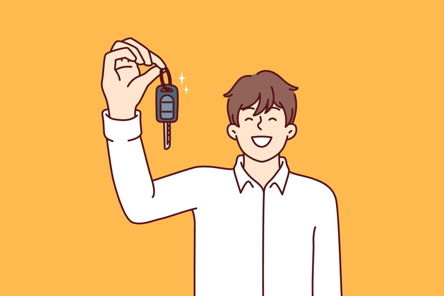 Happy man showing off car keys after getting loan or leasing to buy new car. Guy selling automobile dealership with smile recommends purchasing new auto model in good configuration at bargain price vector
