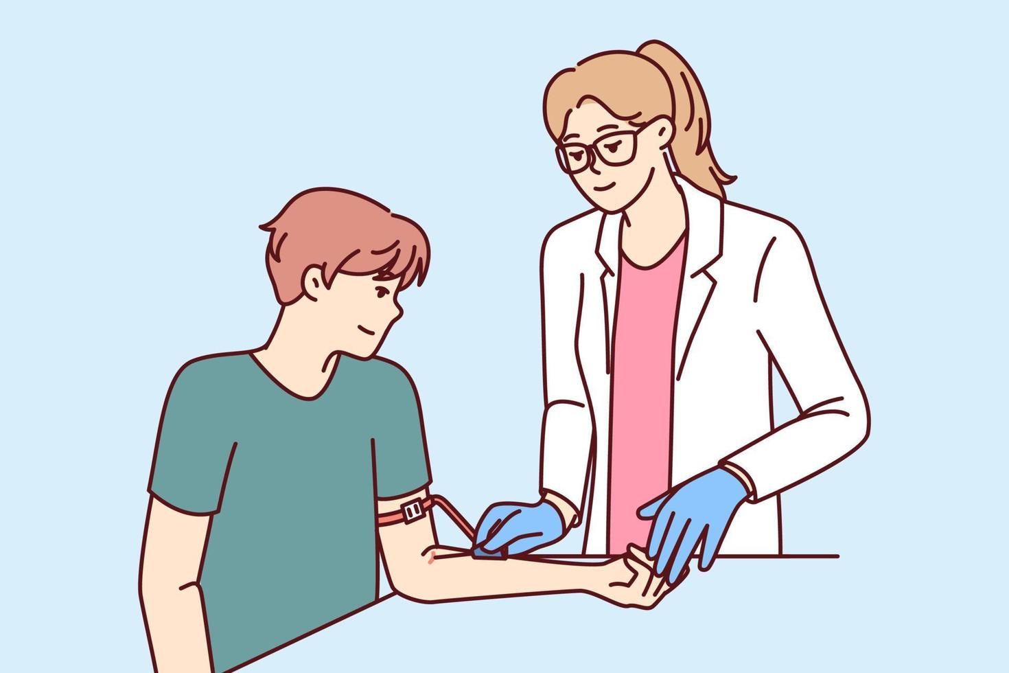 Woman doctor preparing patient for blood test to check for diseases or DNA test. Man patient donates plasma from arm sitting in clinic, wanting to help those in need of blood transfusion vector