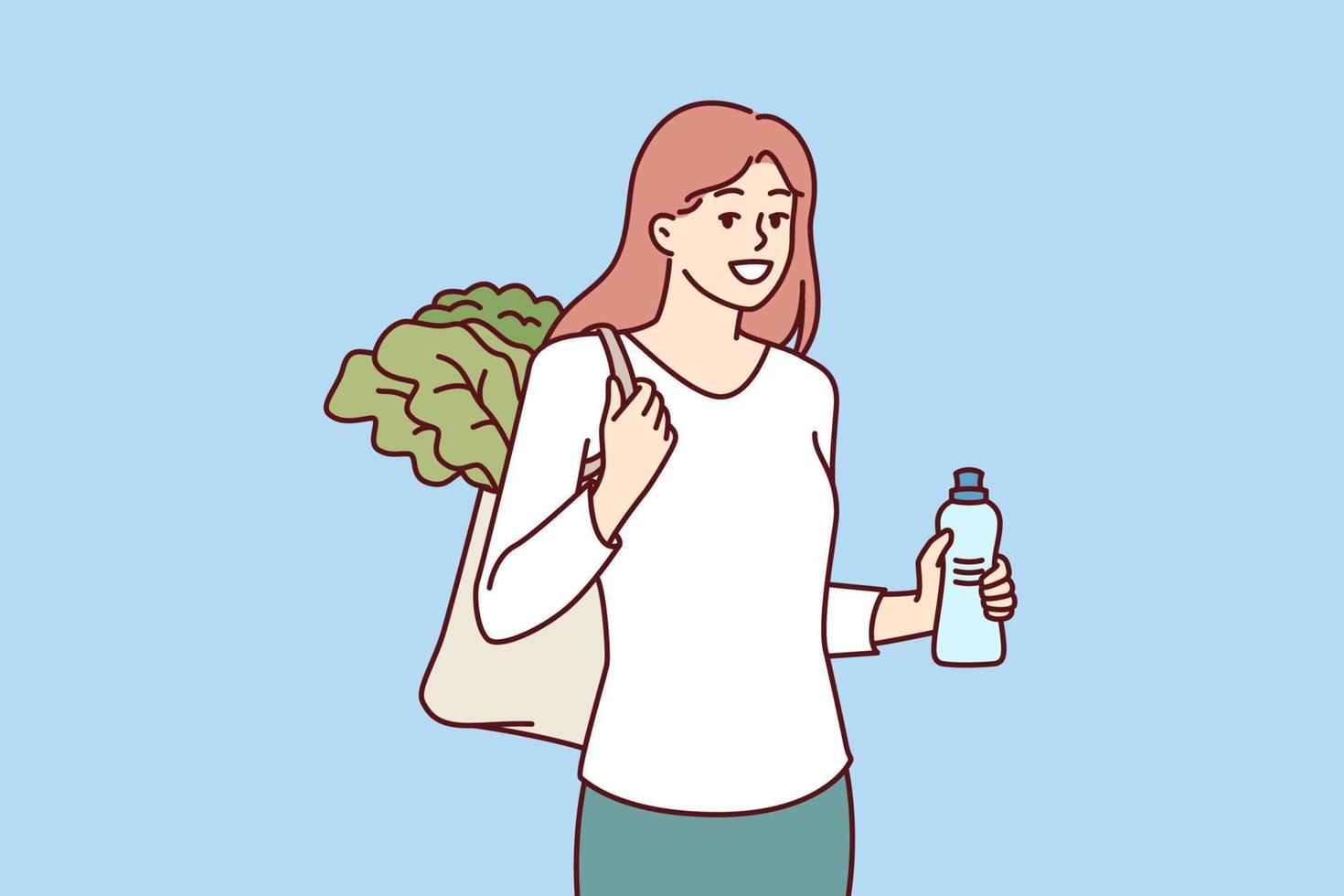 Woman with reusable eco shopping bag and recycled plastic bottle returns from farmer vegetable market. Girl takes care of environment by refusing to use plastic packaging that pollutes nature vector