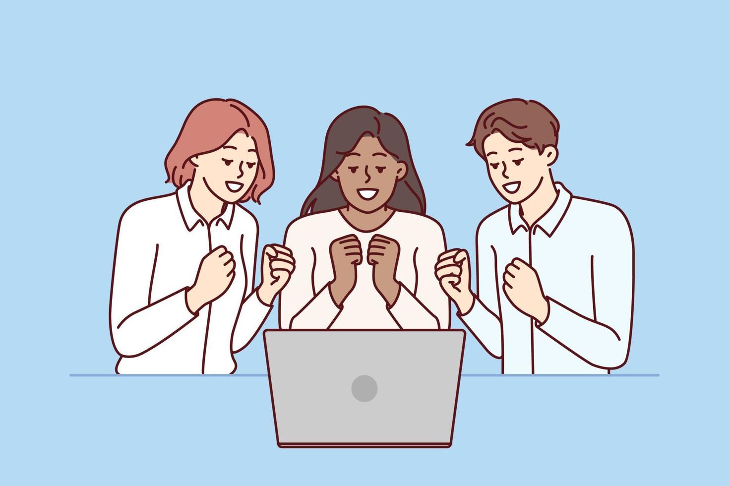 Team of excited friends sitting near laptop and watching football match together. Team of man and two girls watch video broadcast and clench fists, wanting to hear important news via video link vector