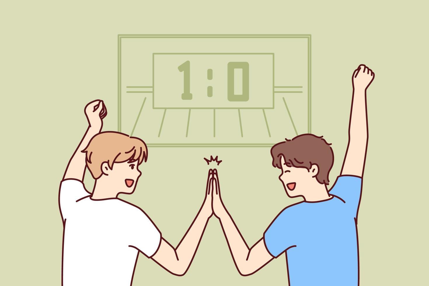 Two men football fans watch game on TV and rejoice after goal of favorite team or successful completion of match. Guys fans celebrating victory of players in premier league football match vector