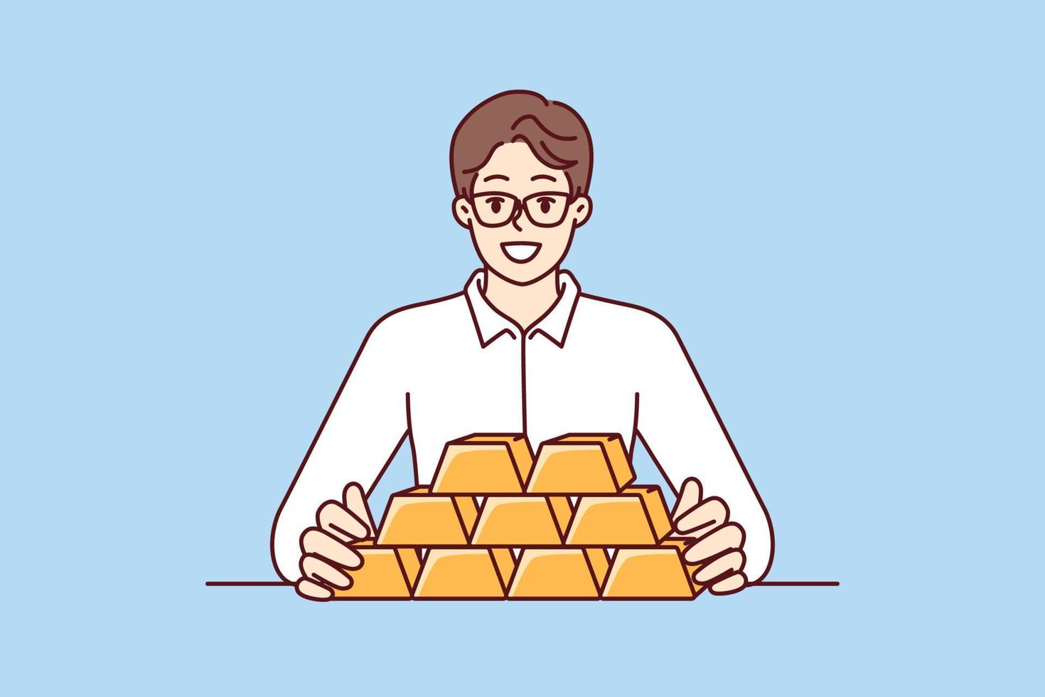 Businessman with gold bars sitting at table and smiling looking at camera for precious metals investment. Man investor with gold bars avoiding inflation and symbolizing diversification of assets vector