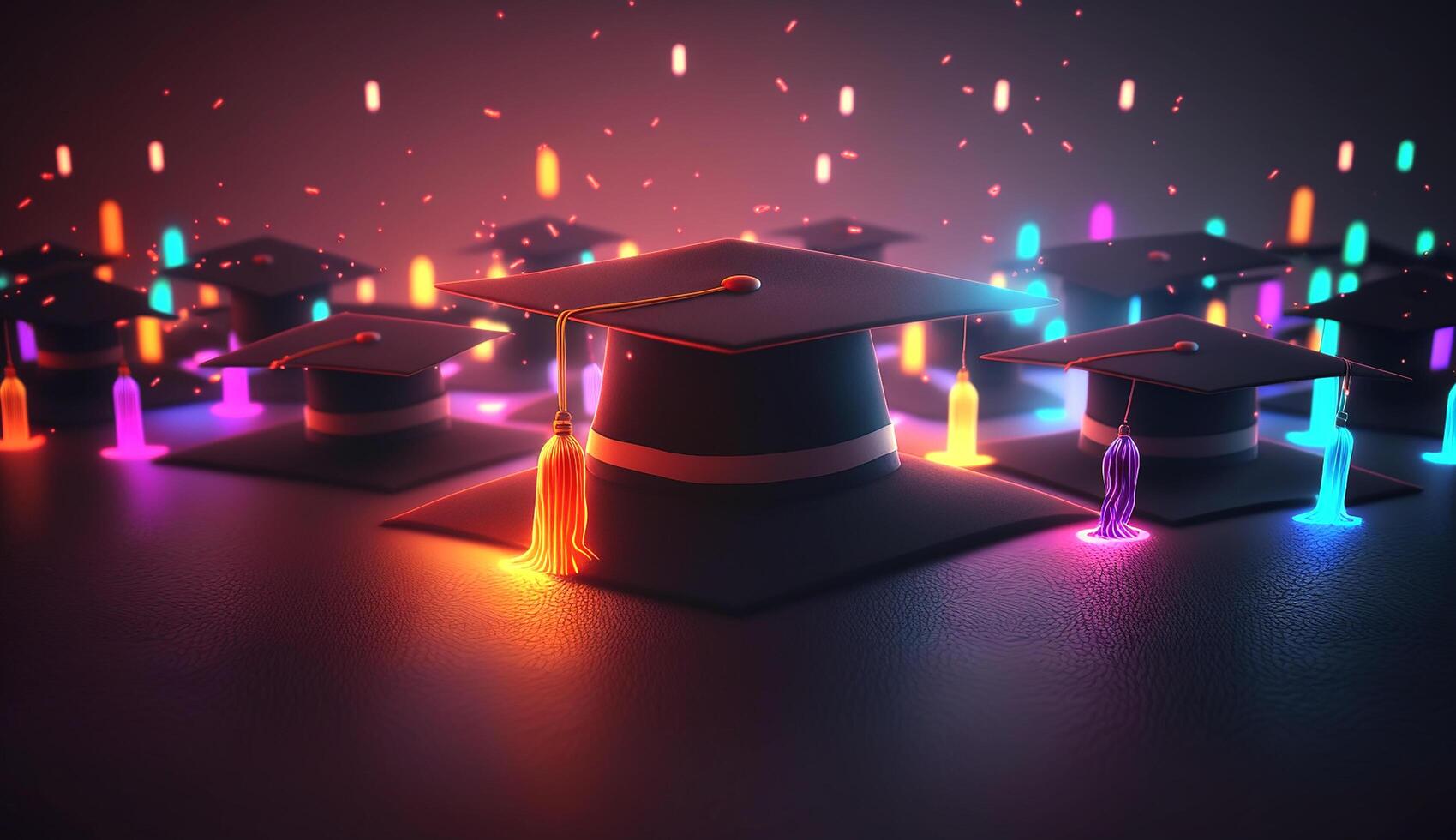 Graduation hat on black background with neon light. photo