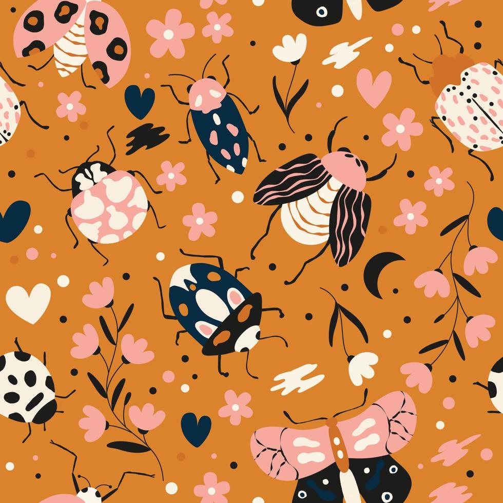 Seamless pattern with cute bugs, beetles, moth and insects, with floral elements, hearts and dots. Colorful hand drawn vector illustration