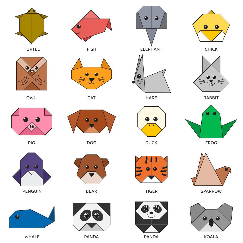 Origami vector collection of different colorful animals. isolated objects on white background. Creative symbols for decoration, education tasks, logo and so on.