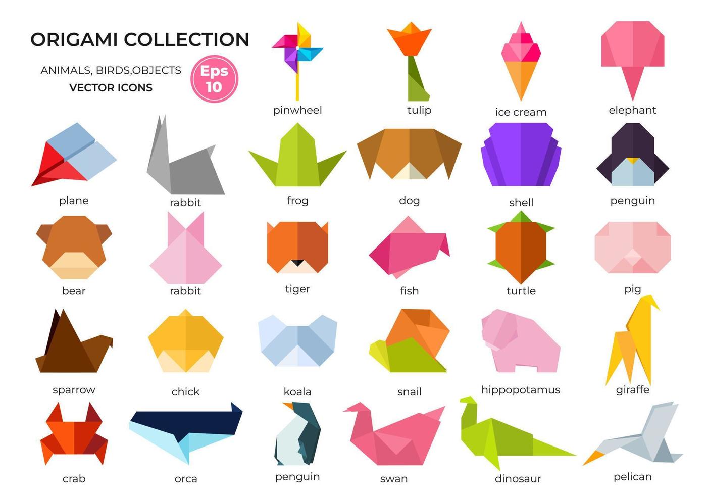 Collection of various origami animals, birds, fish and objects featuring vibrant gradient colors. Vector illustration. isolated Origami icons.