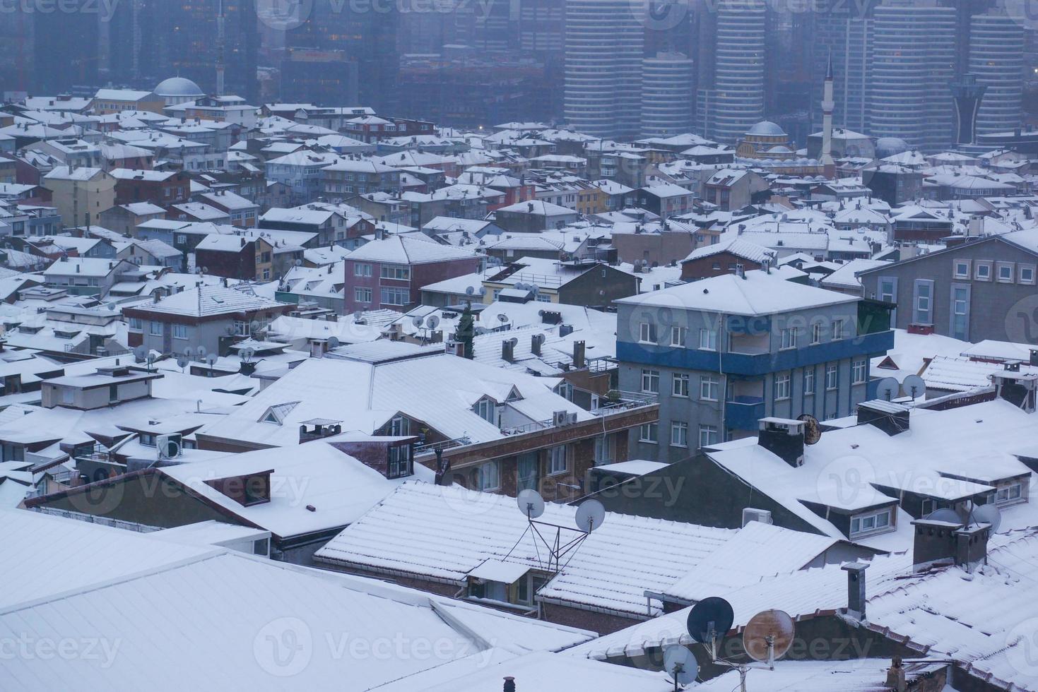 top view of Snow cityscape in istanbul at night photo