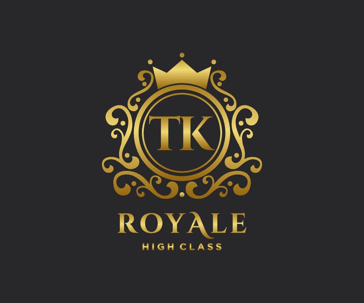 Golden Letter TK template logo Luxury gold letter with crown. Monogram alphabet . Beautiful royal initials letter. vector