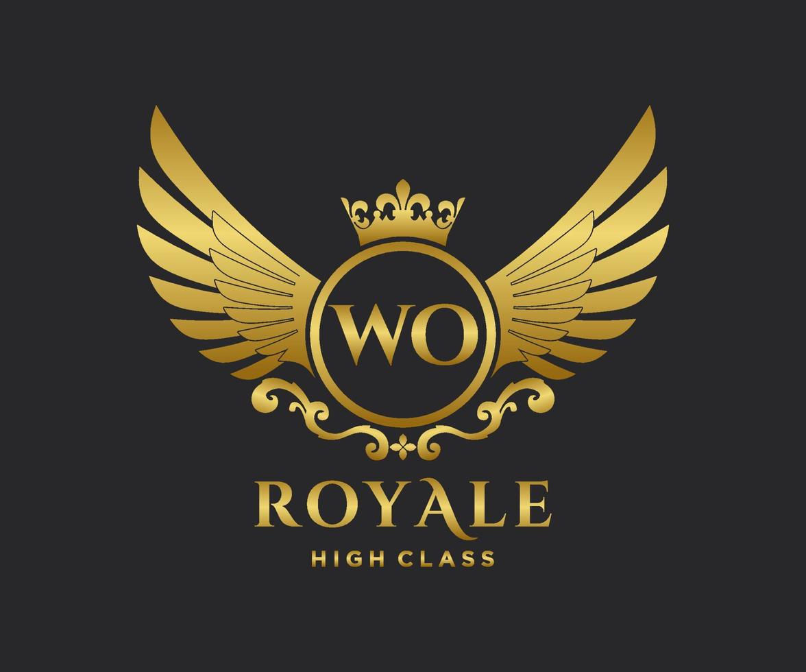 Golden Letter WO template logo Luxury gold letter with crown. Monogram alphabet . Beautiful royal initials letter. vector