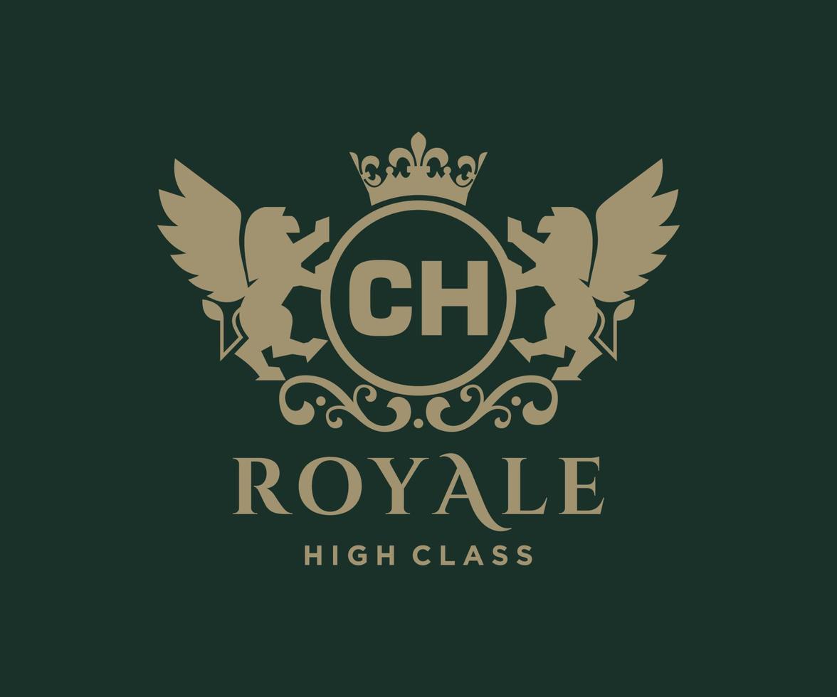 Golden Letter CH template logo Luxury gold letter with crown. Monogram alphabet . Beautiful royal initials letter. vector