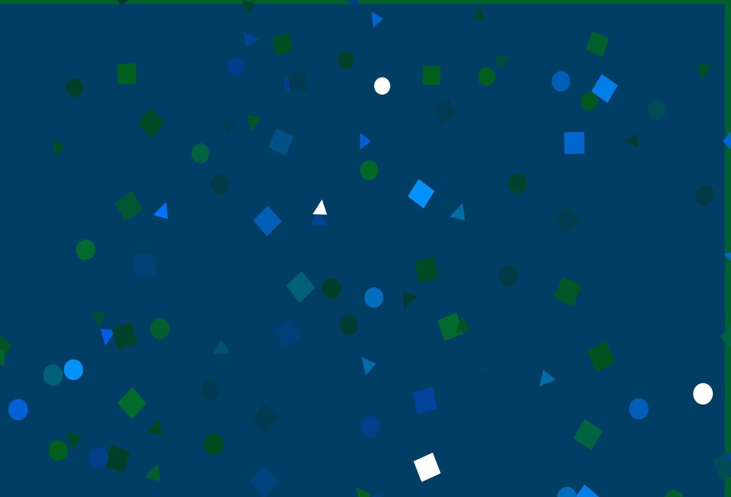 Fondo de vector azul claro, verde con triángulos, círculos, cubos.