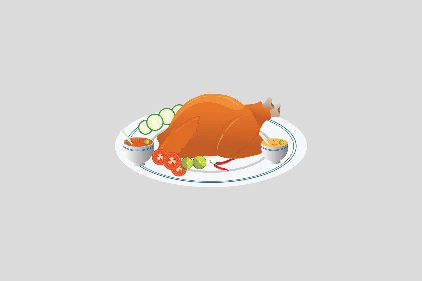 Realistic illustration of roasted turkey or grilled chicken with spices and vegetables vector