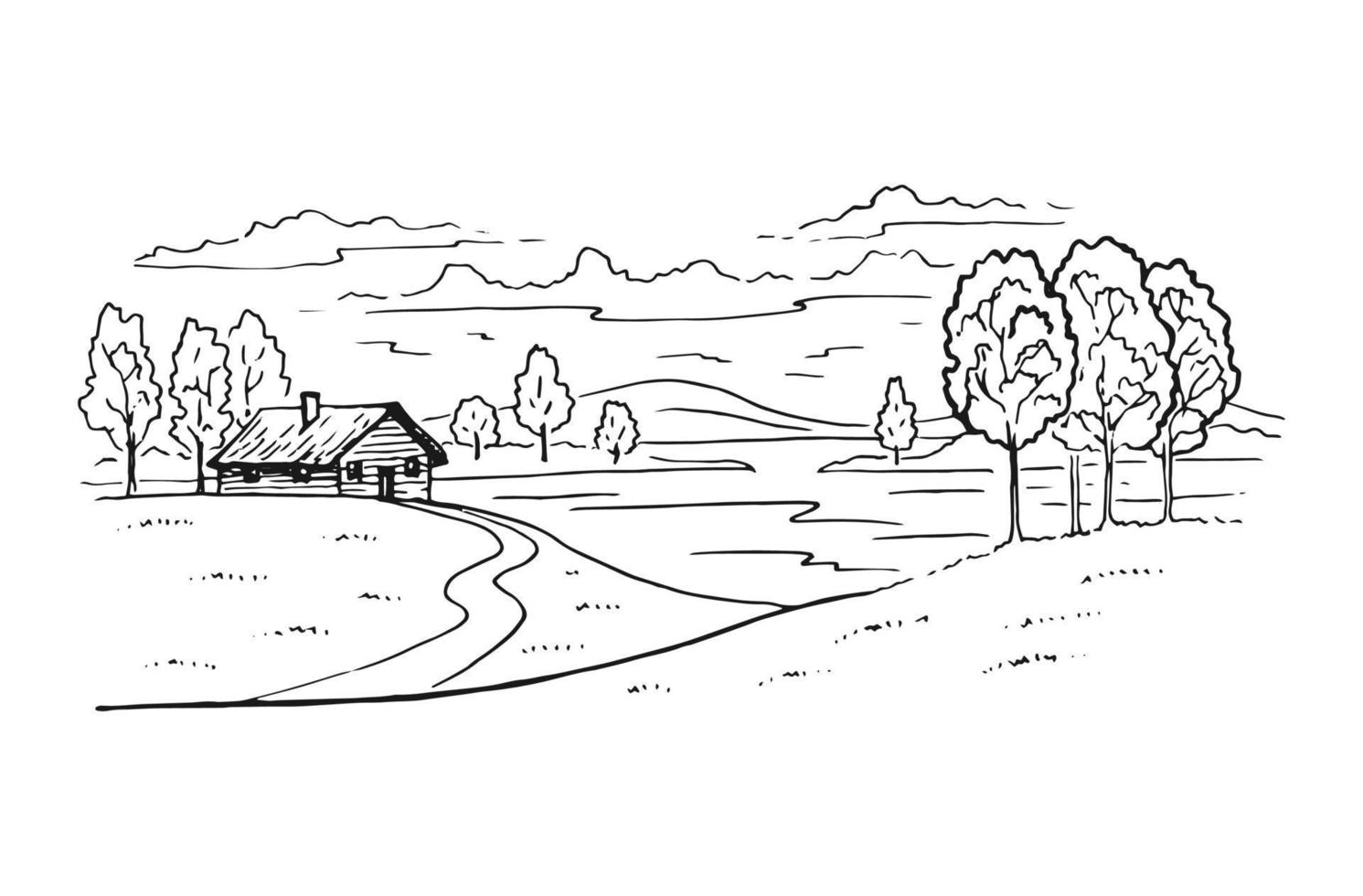 Rural landscape with road and tree. Hand drawn illustration converted to vector. vector