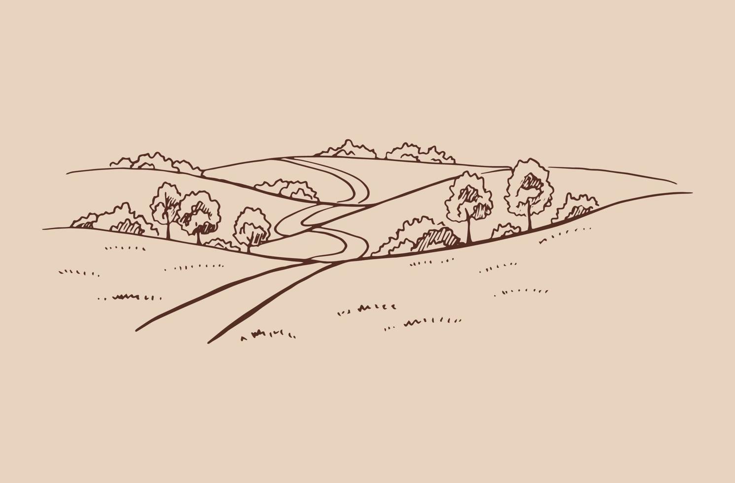 paisaje rural con camino y árbol. ilustración dibujada a mano convertida en vector. vector
