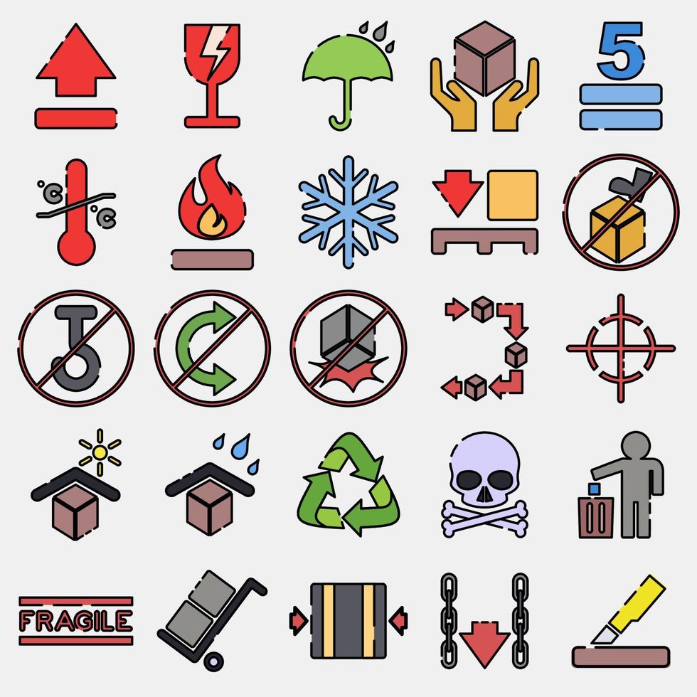 Icon set of packaging sign. Packaging symbol elements. Icons in filled line style. Good for prints, posters, logo, product packaging, sign, expedition, etc. vector