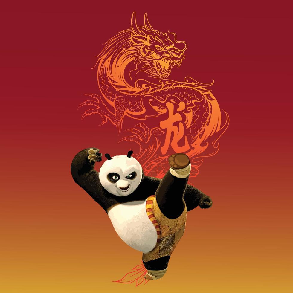 Kungfu panda with dragon iconic poster vector design