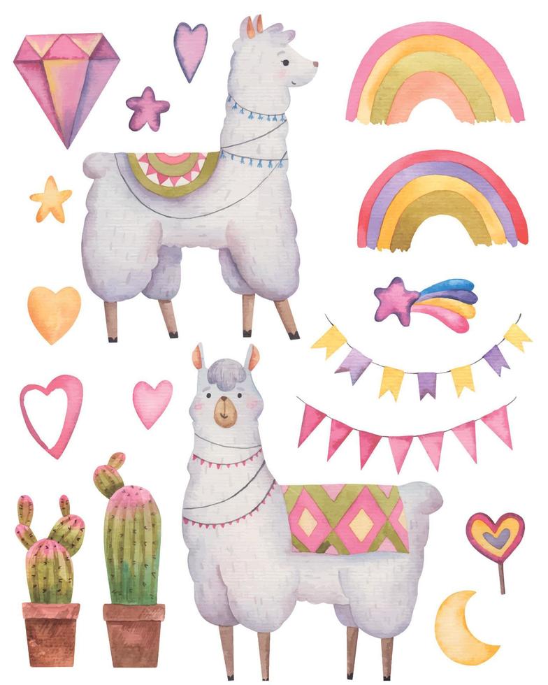 cute childish set with funny alpaca, baby watercolor art, isolated clipart vector