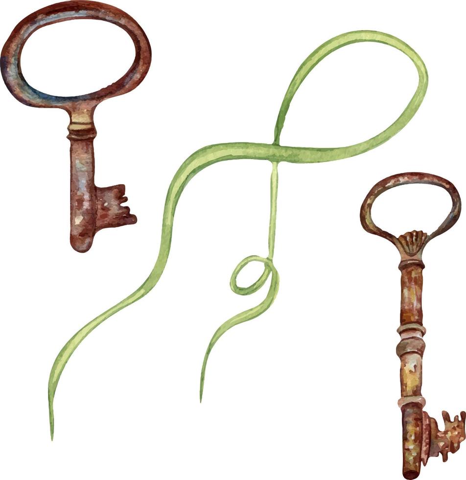 Set of rusty keys and ribbon watercolor illustration isolated on white background. vector