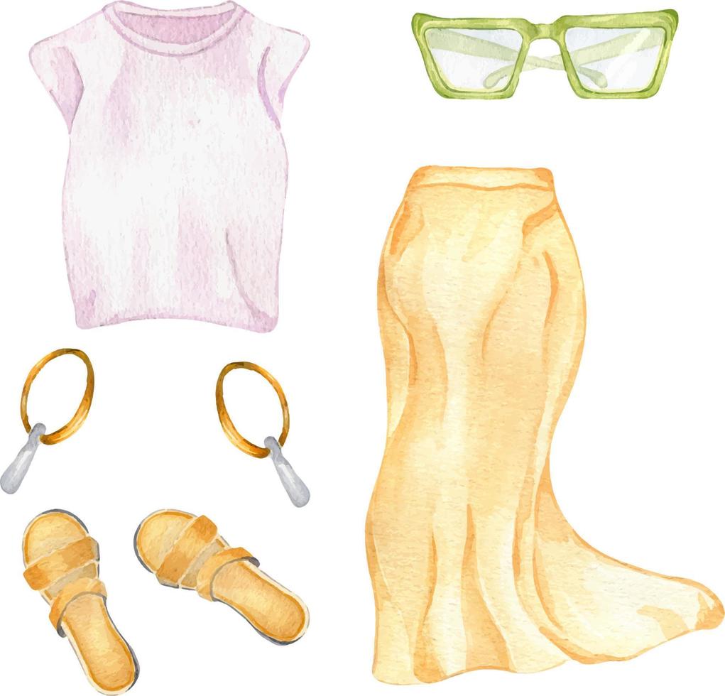 Set of woman's summer clothes watercolor illustration isolated on white. Woman's style outfit of T-shirt, skirt, sandals and glasses hand drawn. Design for shop, sale, magazine, packaging, showcase vector
