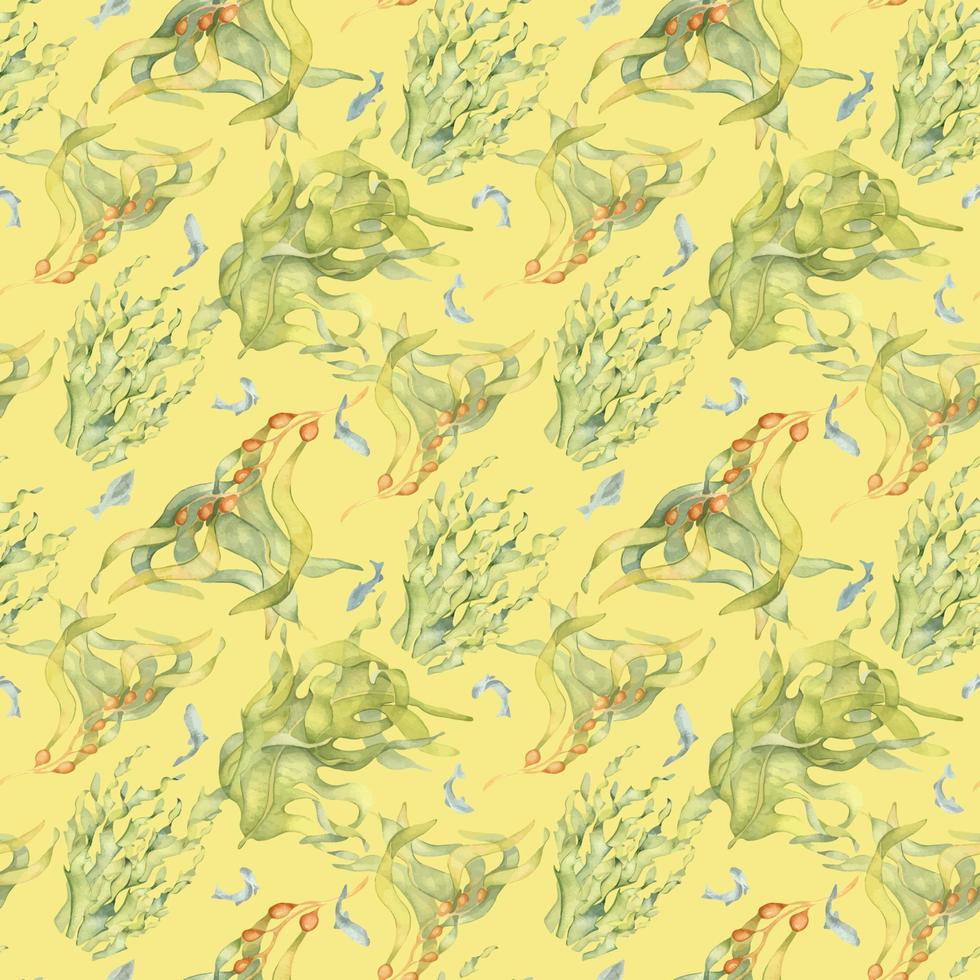 Seamless pattern of colorful sea plants watercolor illustration isolated on yellow. Laminaria, kelp, herb seaweeds hand drawn. Design for background, textile, packaging, wrapping, marine collection vector