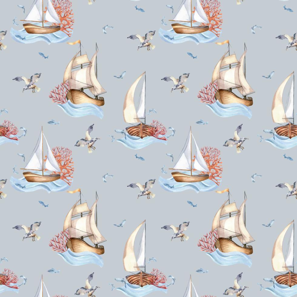 Seamless pattern of sailing ship vintage style watercolor illustration isolated on blue. Sailboat, vessel on waves, coral, fish hand drawn. Childish design element, wallpaper, printed products vector