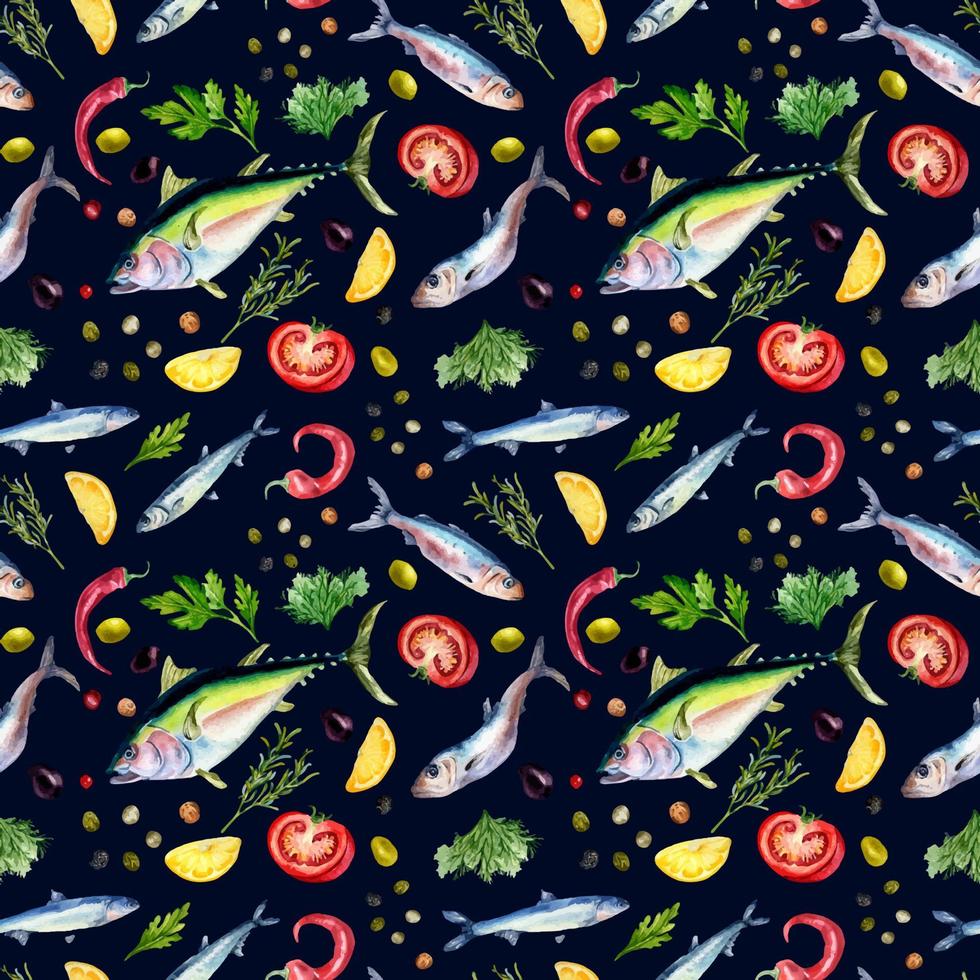 Seamless pattern of tuna, sardine and herbs watercolor isolated on black. vector