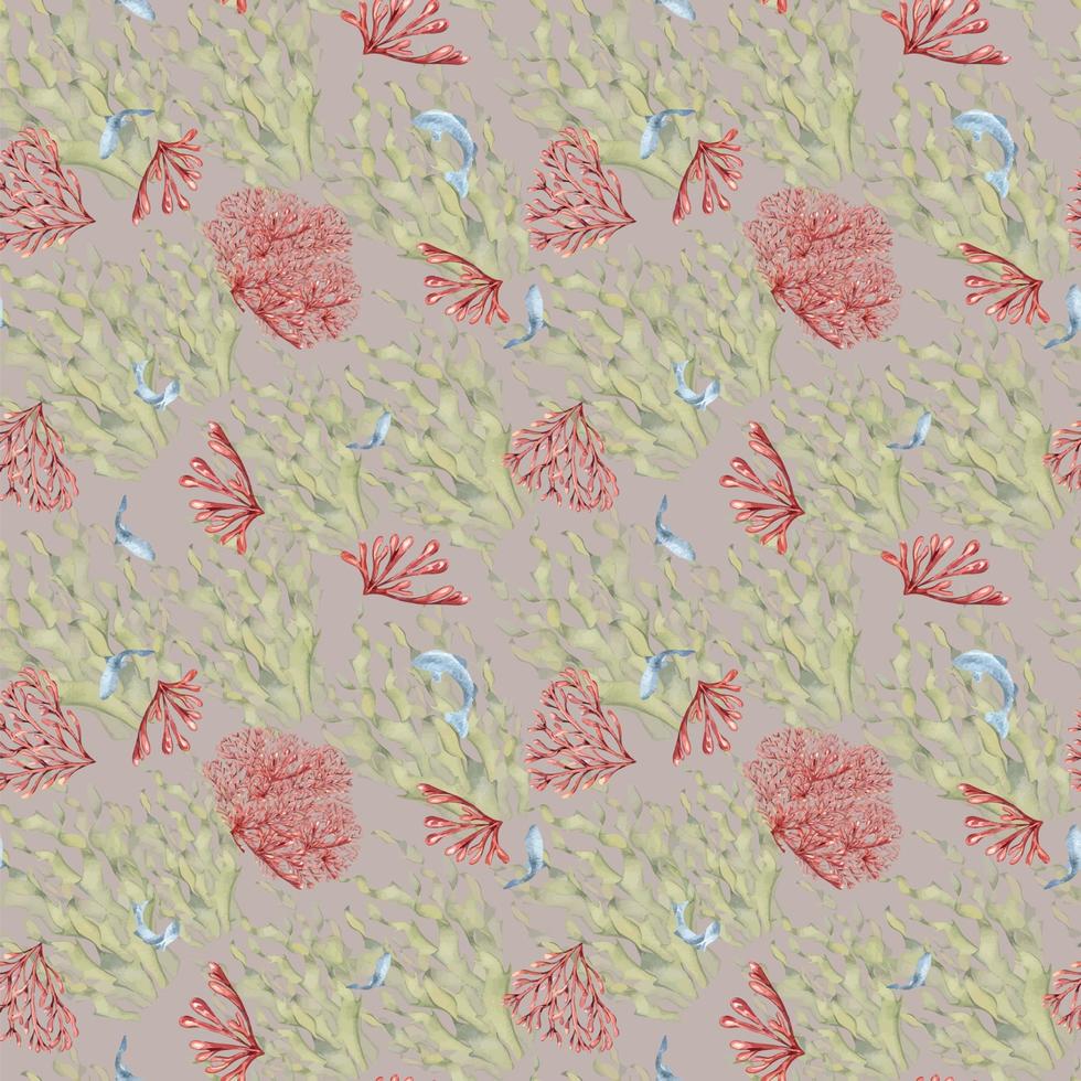 Seamless pattern of laminaria and coral watercolor isolated on pink background. Pink agar agar, sea plants and fish hand drawn. Design element for package, textile, paper, wrapping, marine collection vector