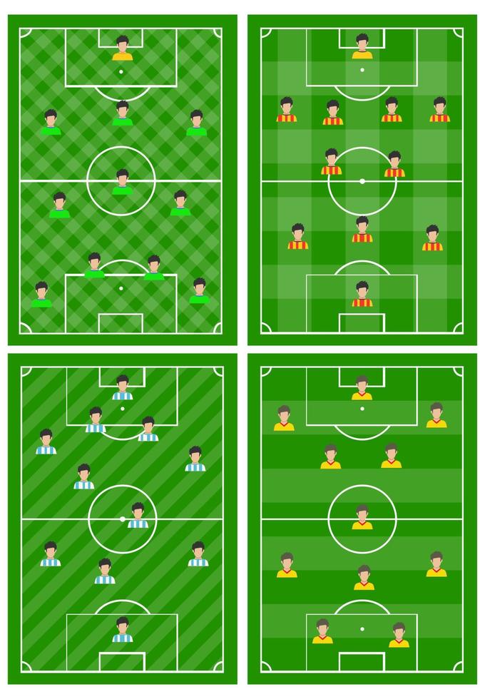 conjunto de cuatro fútbol americano campos con un diferente esquema de jugadores en el campo. fútbol campo para jugando. vector ilustración