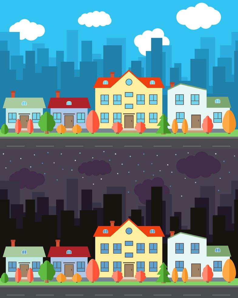 Vector city with four cartoon houses and buildings in the day and night.Summer urban landscape. Street view with cityscape on a background