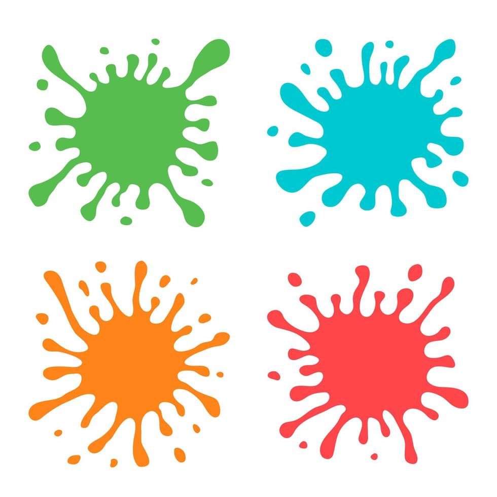 Set of Four Multicolored Hand Drawn Paint Splashes with small splashes and shadows. Vector illustration