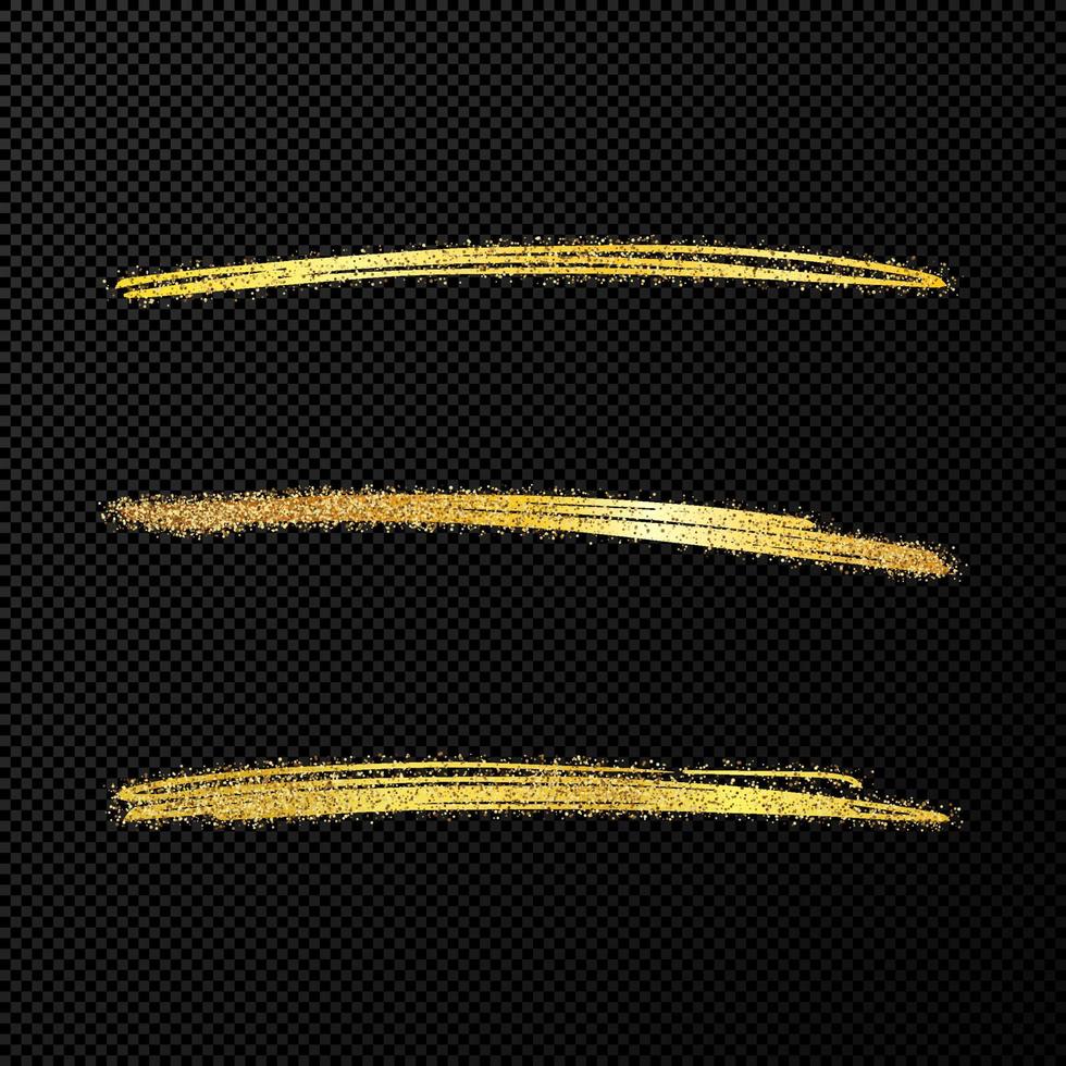 Abstract shiny confetti glittering waves. Set of three hand drawn brush golden strokes on black vector