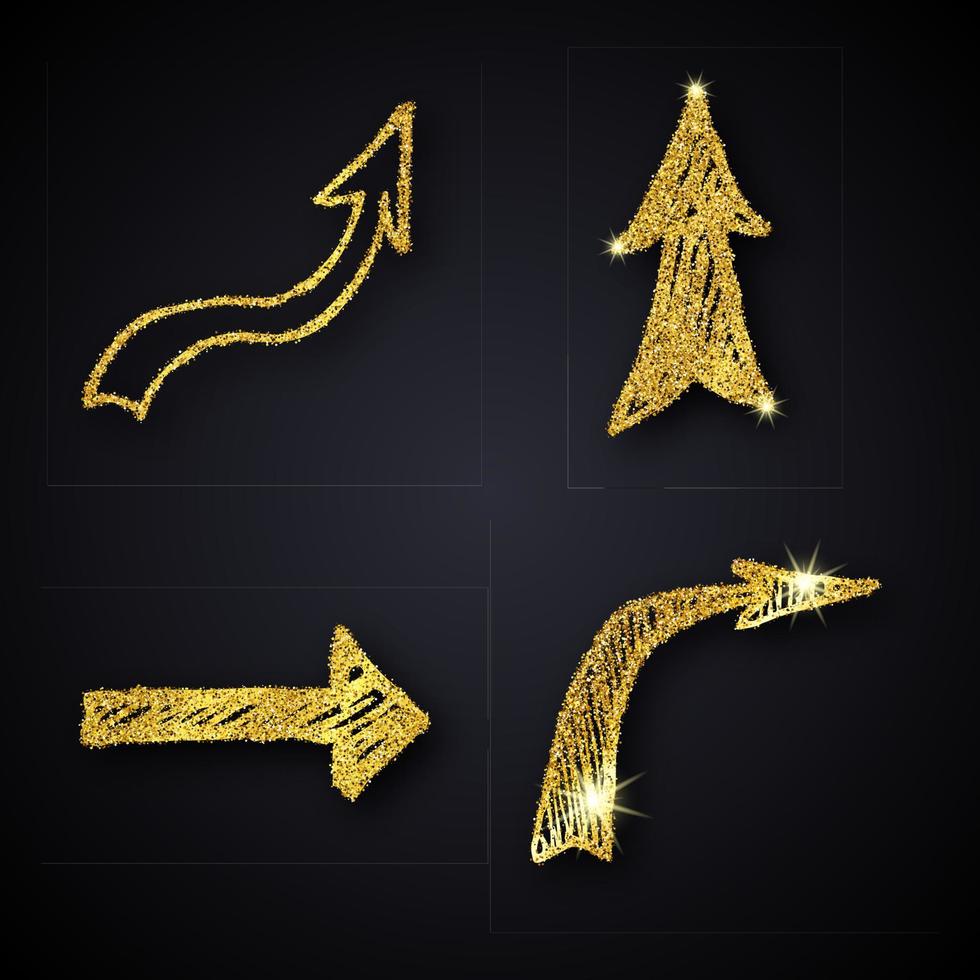 Gold glitter hand drawn arrow. Set of four doodle arrows with gold glitter effect on dark background. Vector illustration