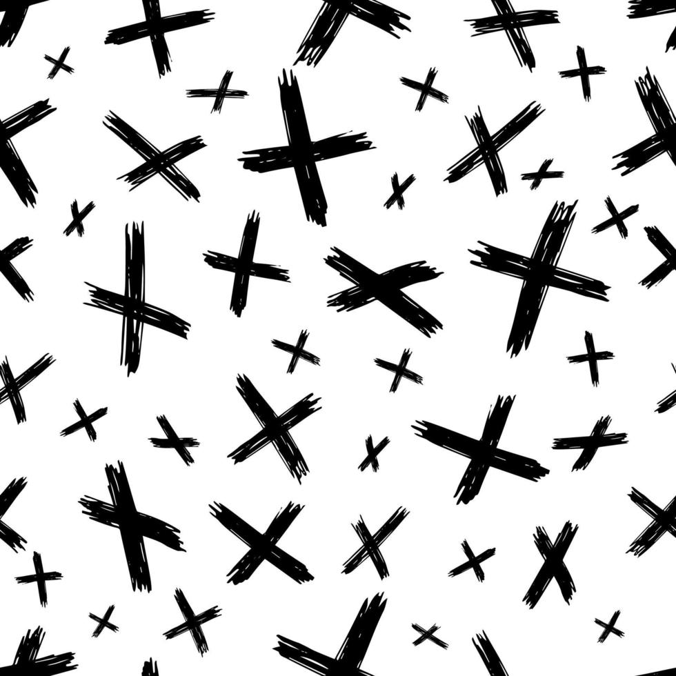 Seamless pattern with hand drawn cross symbols. Black sketch cross symbol on white background. Vector illustration