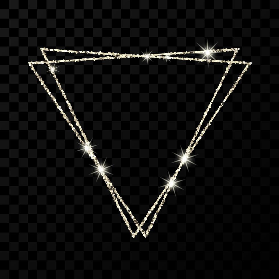 Silver double triangle frame. Modern shiny frame with light effects isolated on dark vector