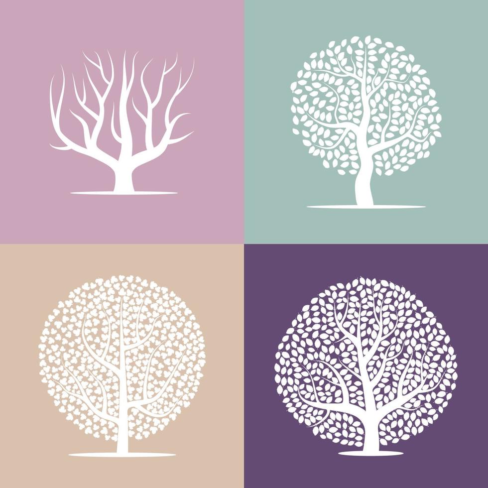 Set of four silhouettes of trees on colorful backgrounds. Vector illustration.