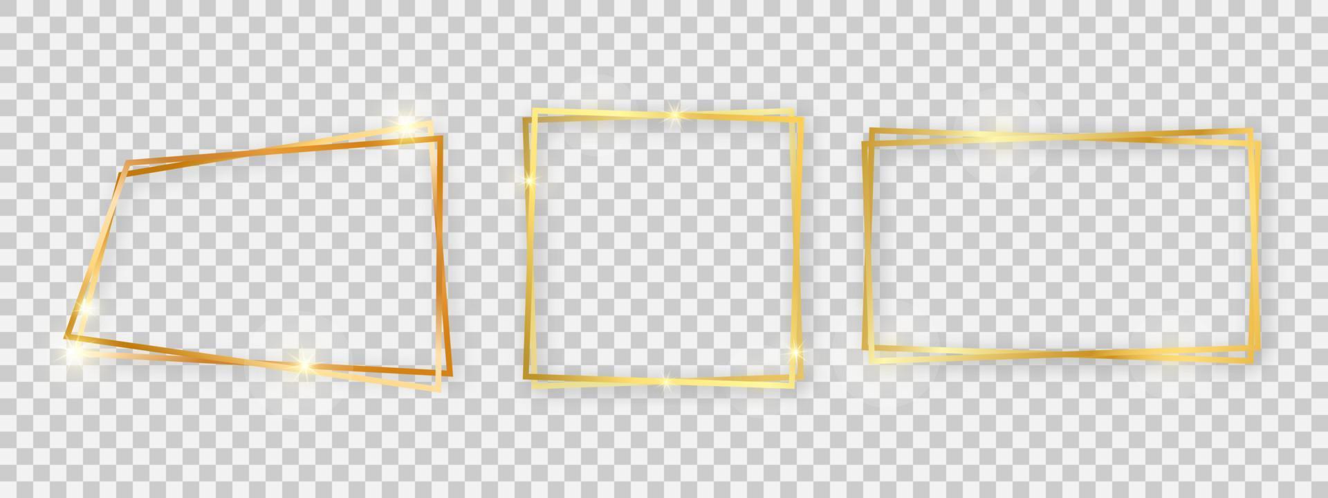 Double shiny frames with glowing effects. Set of three gold double frames with shadows vector