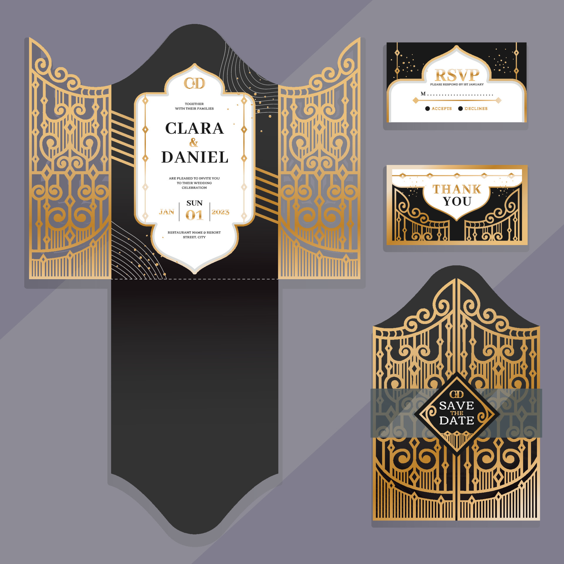 Black gold laser cut Invite, art deco wedding invitation laser cut