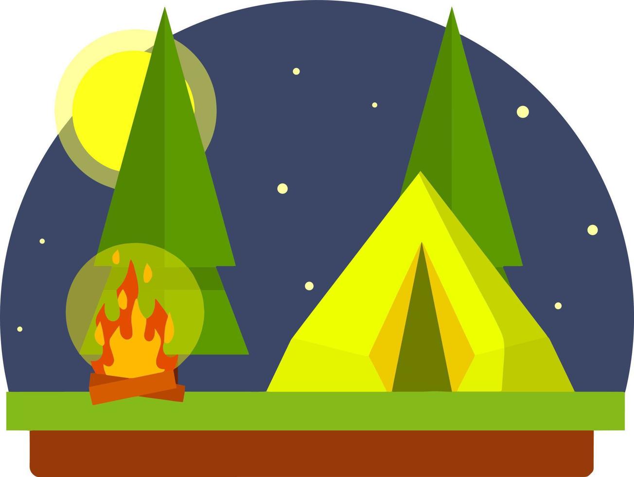 Yellow tent in the woods. Trip to nature. Outdoor activity. Camp and hike. Trees and night with moon. campfire and rest in forest. vector
