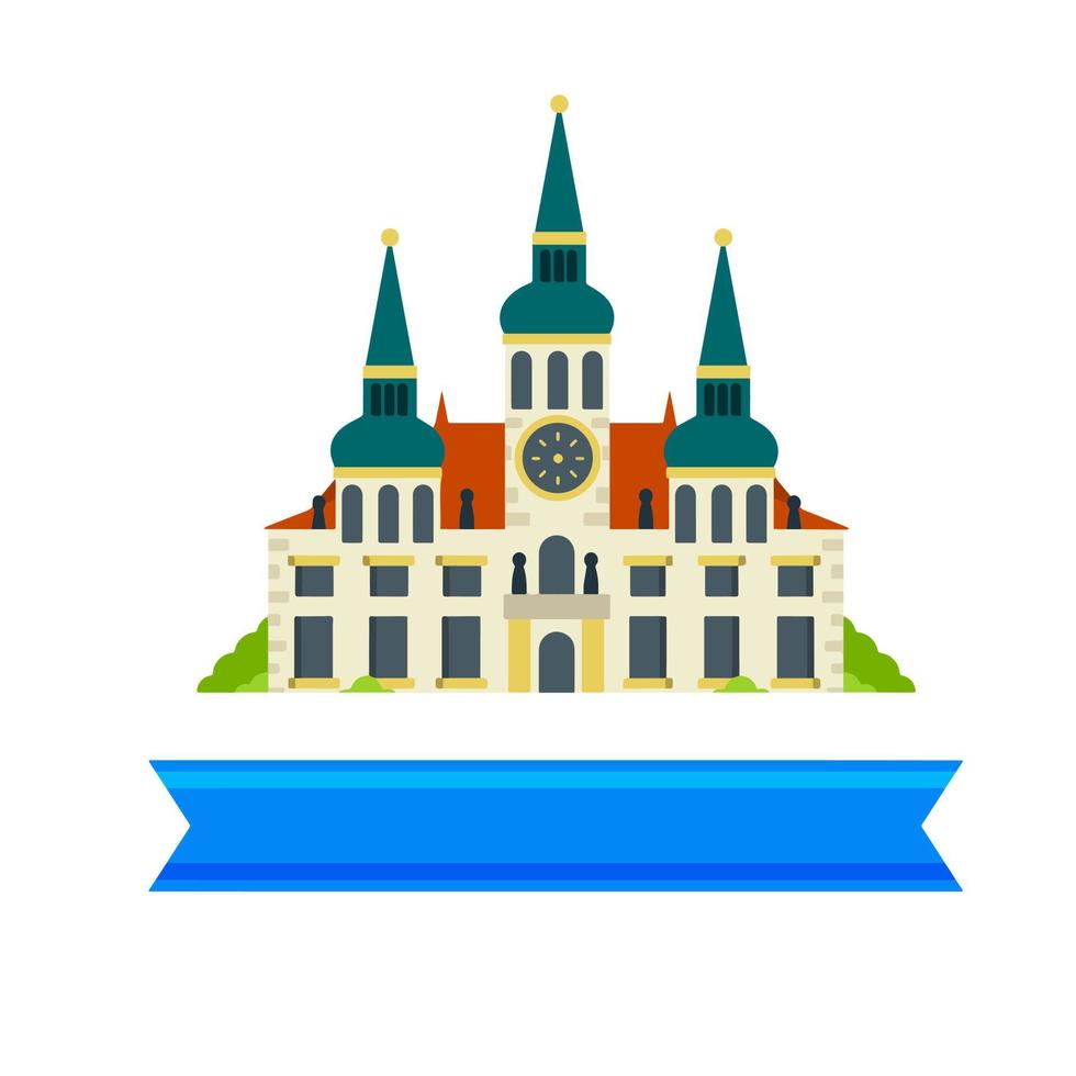 Loreta. Prague tourist attraction. Czech architecture. Travel to Europe. Christian Church and Palace. Old town. Beautiful house and building. Baroque style. Flat cartoon vector